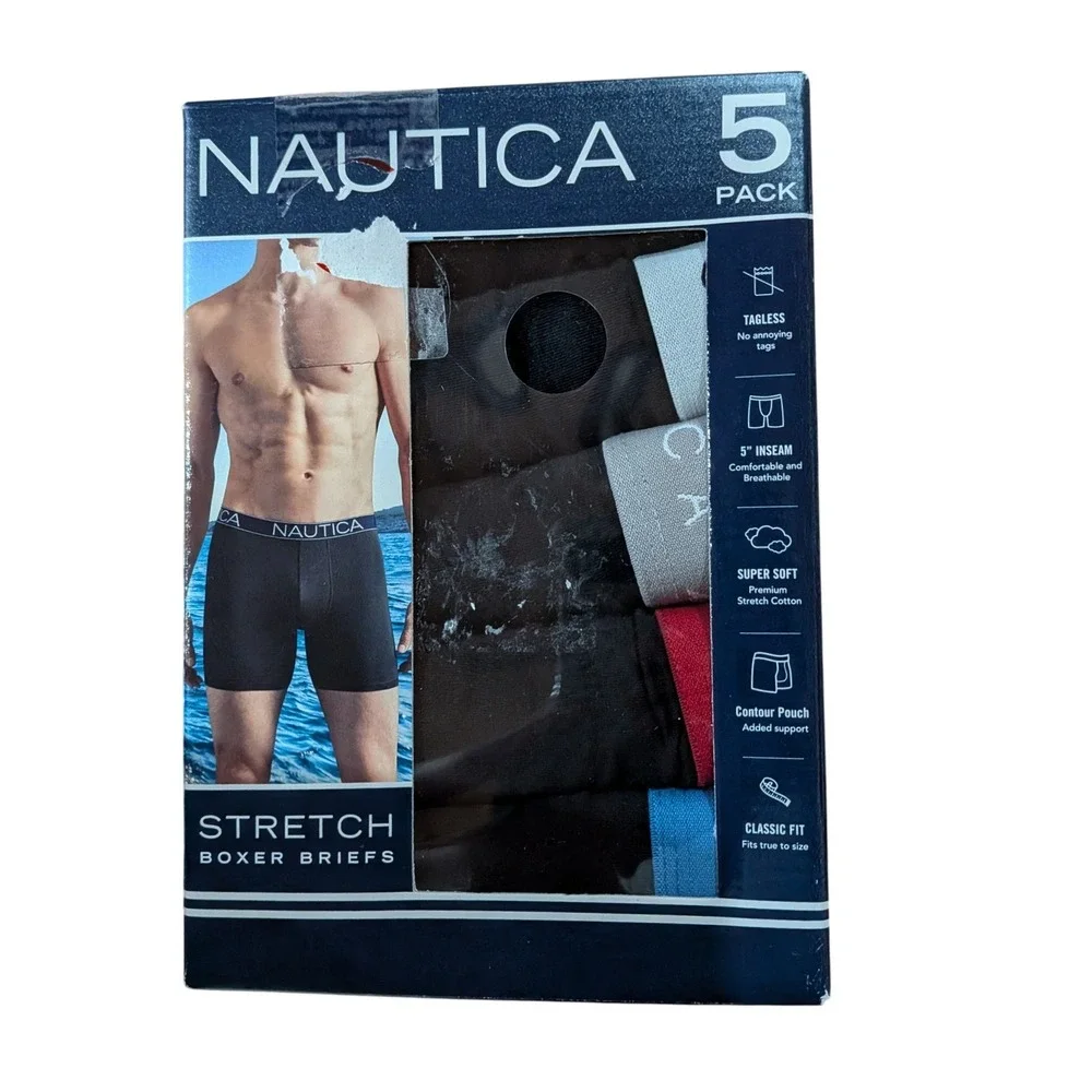 Nautica Mens 5 Pack Stretch Boxer Briefs Medium 32-34 Black Grey Red Blue Multi